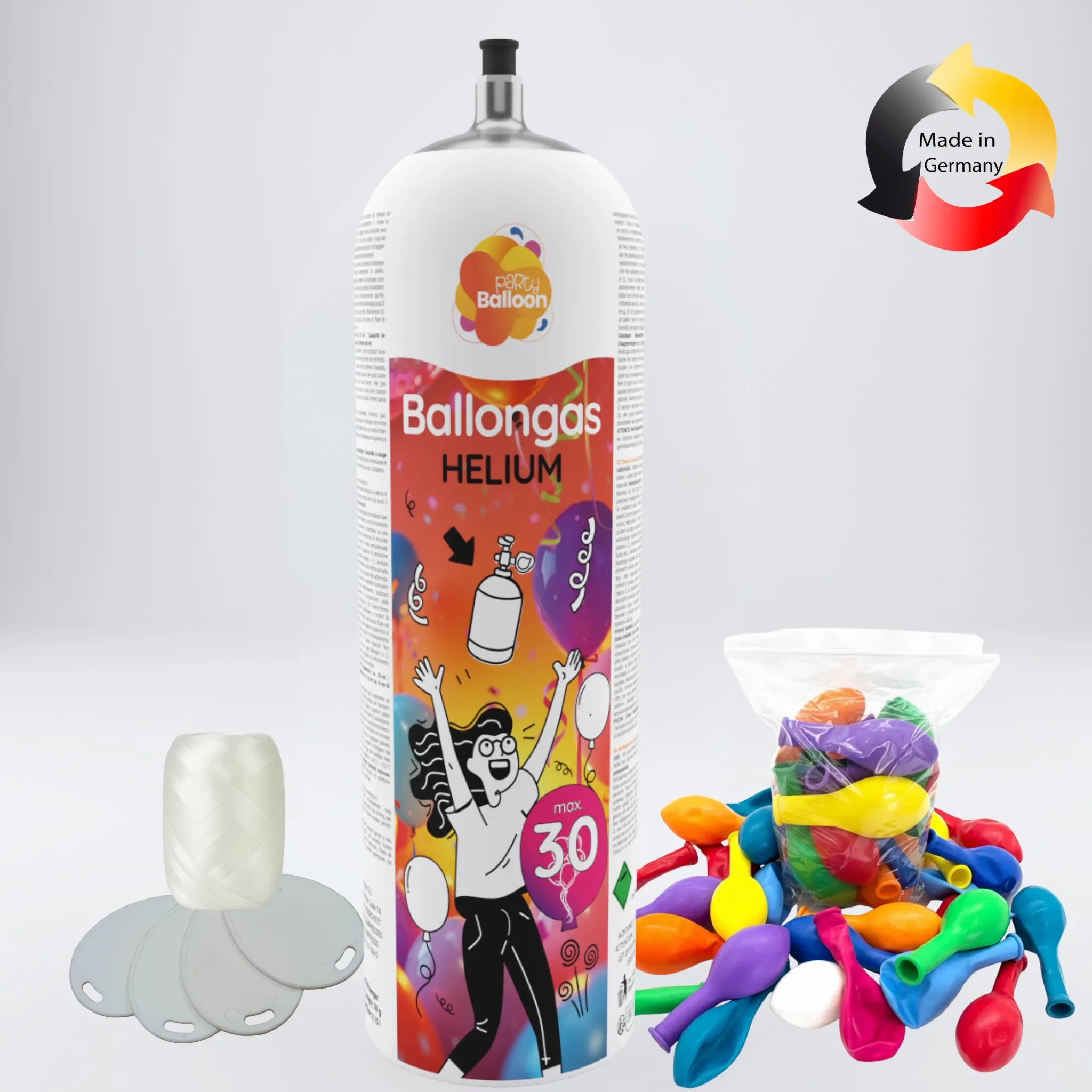 Helium-Ballongas Set L – Komplettpaket mit 30 Ballons PartyBalloon