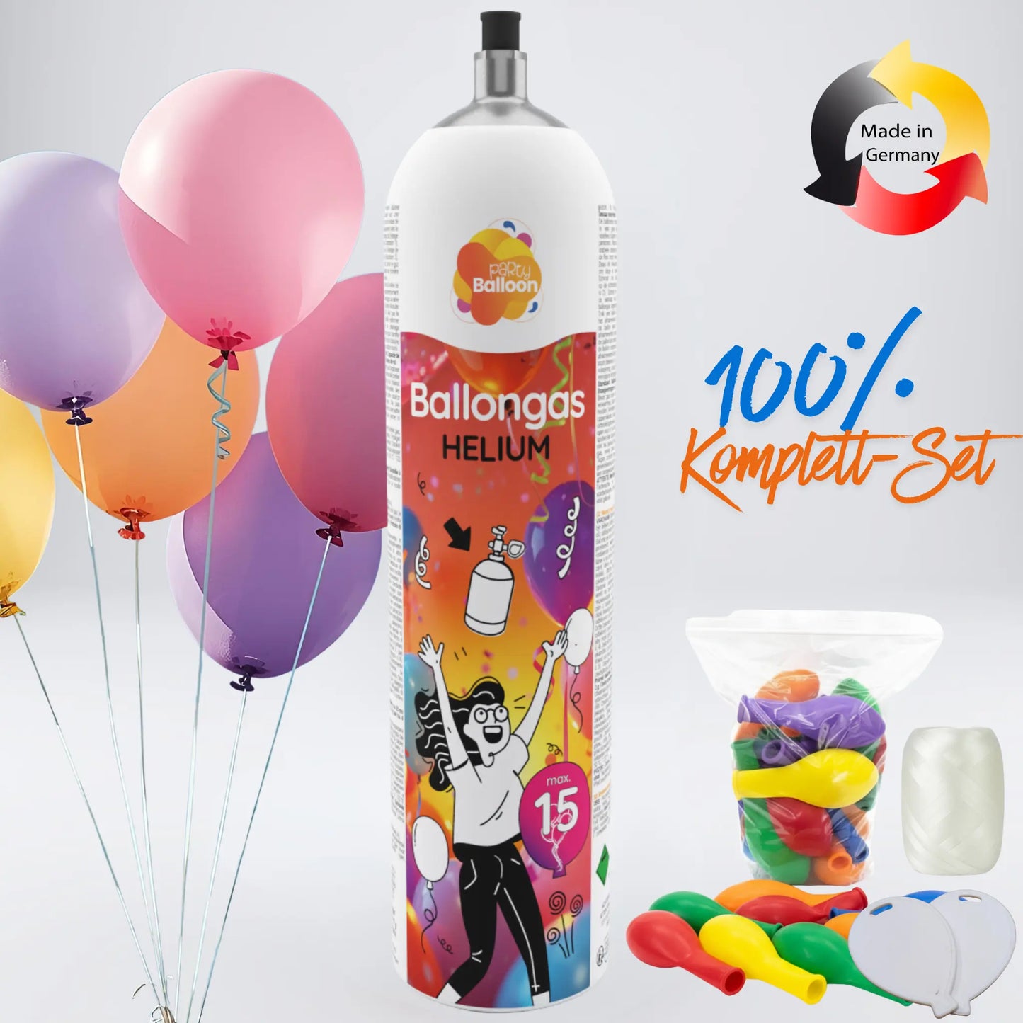 Helium Ballongas Komplett-Set inkl. 10 Ballons & Gewichten | Geburtstag