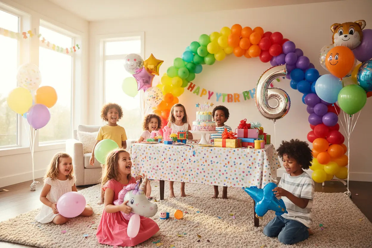 Bright and cheerful kids’ birthday scene in a living room. Colorful balloon arch behind a gift and cake table, a big foil number balloon showing the child’s age, and several helium balloons floating around. Children playing and laughing, some holding balloons as party favors. Daylight, vibrant colors, friendly and joyful atmosphere, high-resolution party photo.
