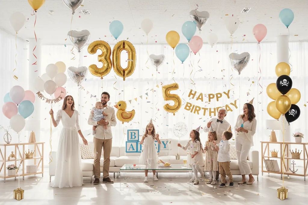 "Bright, modern lifestyle photo showing a cheerful party scene with a variety of colorful latex balloons, foil balloons, ribbons, balloon weights, and light decorative elements arranged in a clean, sunlit room. Include subtle hints auf verschiedene Anlässe wie Geburtstag, Hochzeit, Babyparty und Mottoparty – z. B. Zahlenballon, Herzballon, Pastellfarben, kleine Deko-Highlights. Fröhliche Kinder und Erwachsene interagieren natürlich mit den Ballons, lachen und feiern. Die Stimmung ist hochwertig, lebendig, w