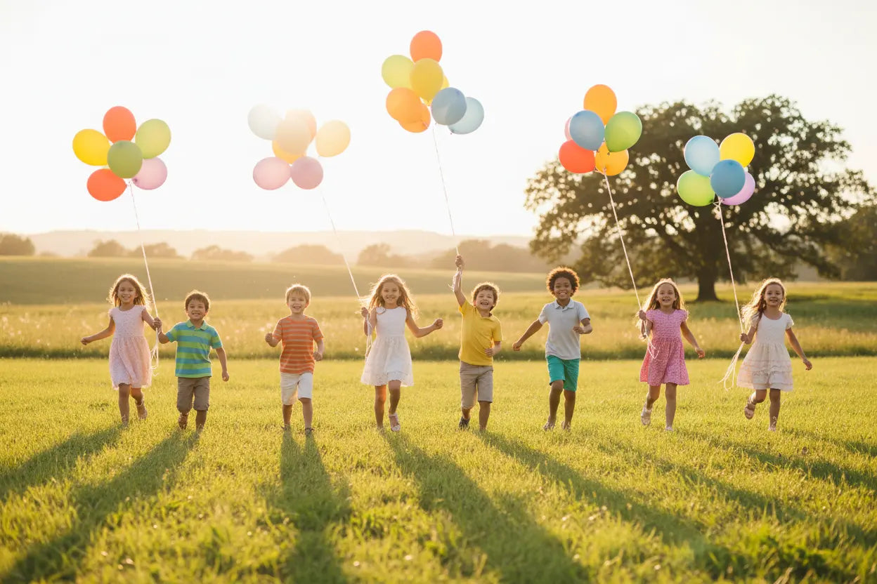 kinder die ballons an einer schnur festhalten und laufen 