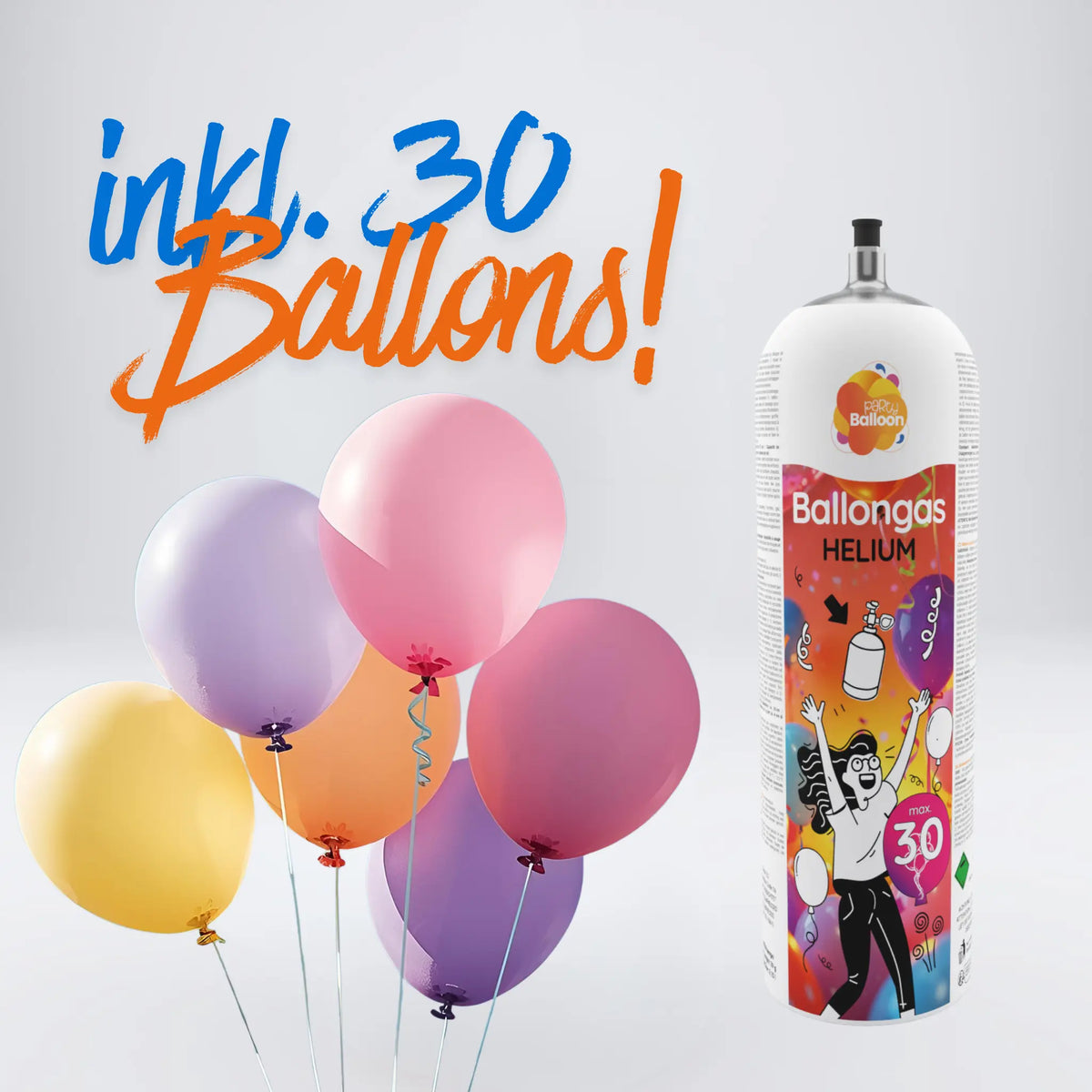 Helium-Ballongas Set L – Komplettpaket mit 30 Ballons